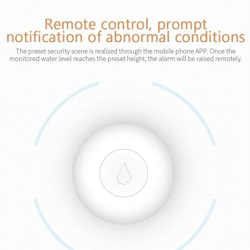Small white Zigbee wireless water leak sensor for smart home flood detection.