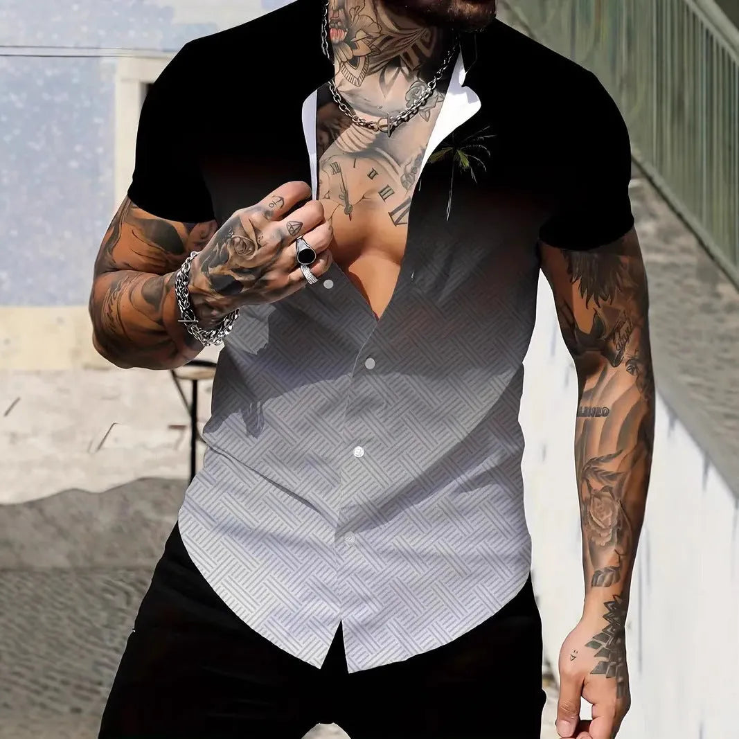 Men's slim-fit short sleeve shirt with geometric line pattern on lapel, in a selection of colours.
