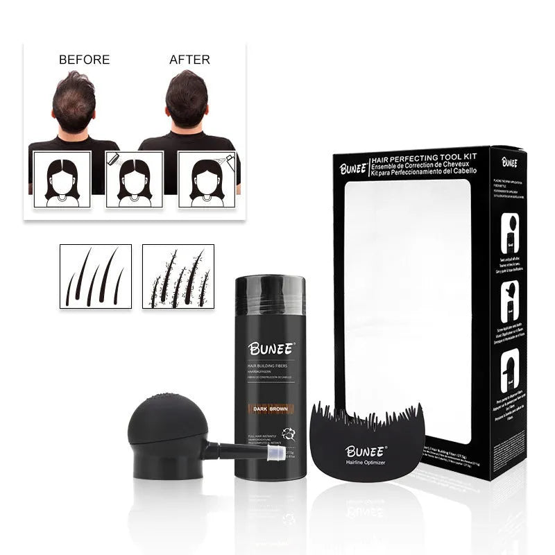 Boxed dense hair fibre powder three-piece set showing colour options for black, brown, blonde, grey, and white hair.