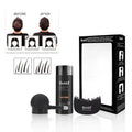 Boxed dense hair fibre powder three-piece set showing colour options for black, brown, blonde, grey, and white hair.