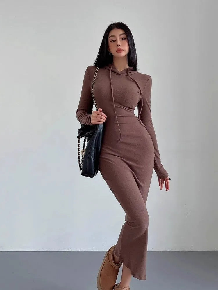 Women's grey hooded long sleeve sheath dress with high waist and over-the-knee length.