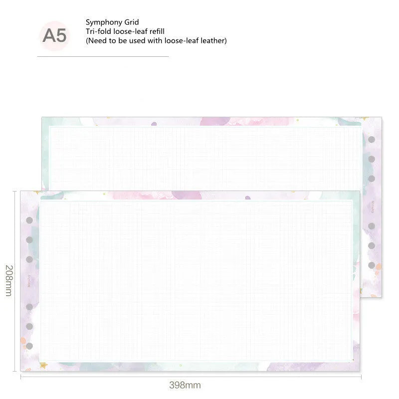 Handbook loose-leaf refill showing A7 floral monthly plan and A5/A6 tri-fold scheduler designs for organisers