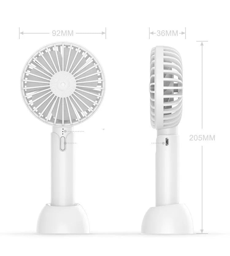 Blue mini USB desktop and handheld personal electric fan with oscillating head.