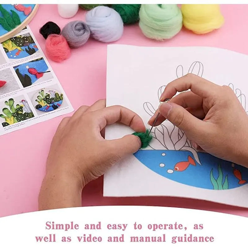 Round embroidery kit with wool felt floral components and 20x20cm linen frame