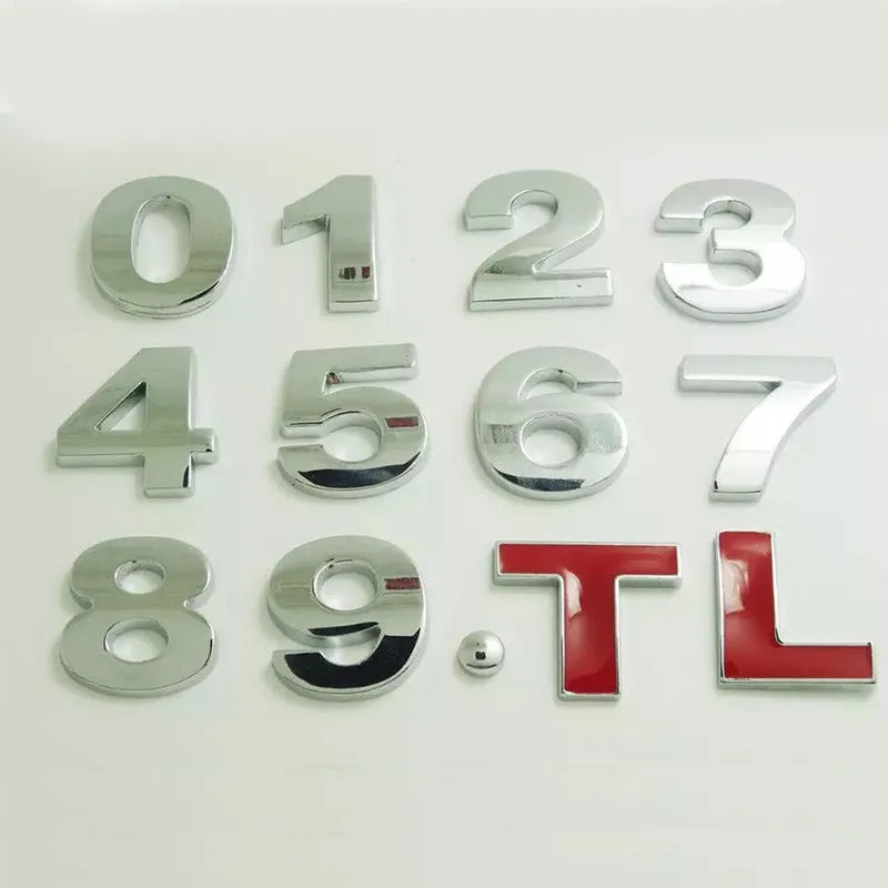 Silver and black metal zinc alloy 3D car bumper stickers showing letters A to Y, 2.5cm size