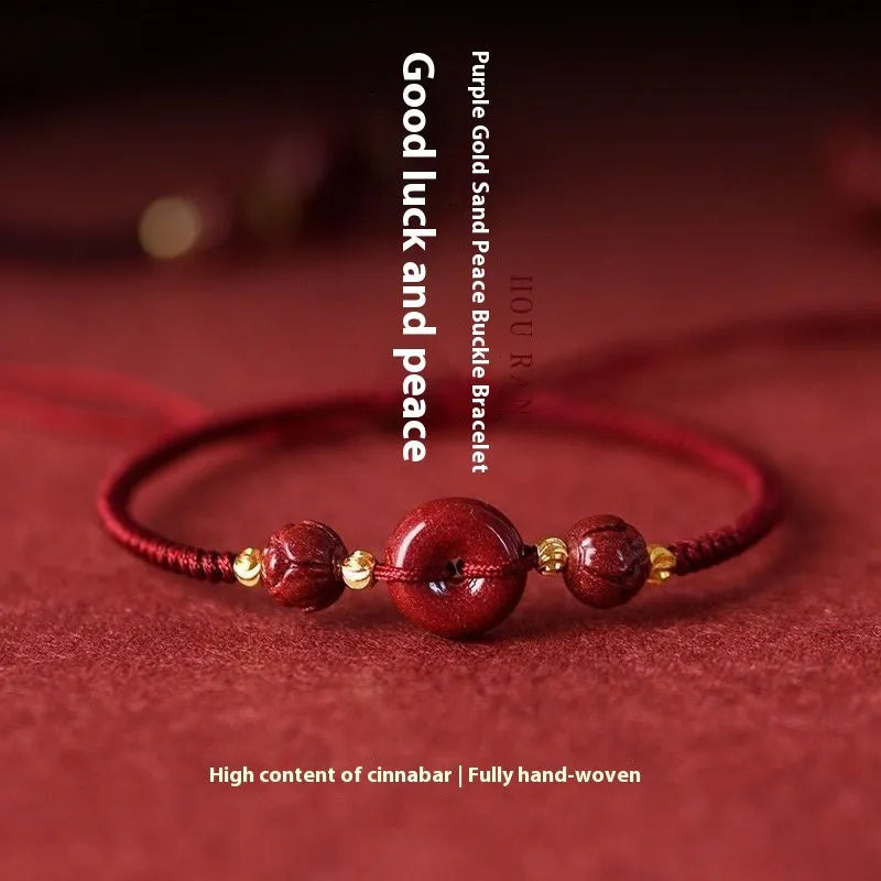 Cinnabar heart-shaped safety buckle bracelet with adjustable knot closure on wrist