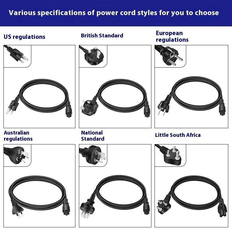 Black 65W USB-C laptop power adapter with six international plug cords for UK US EU AU SA and CN sockets