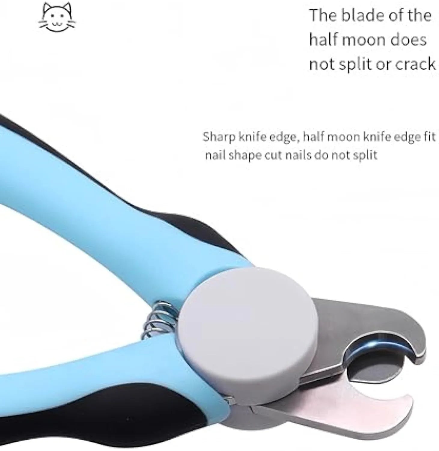 Blue heavy-duty dog nail clippers with a visible safety guard, shown next to a dog's paw.