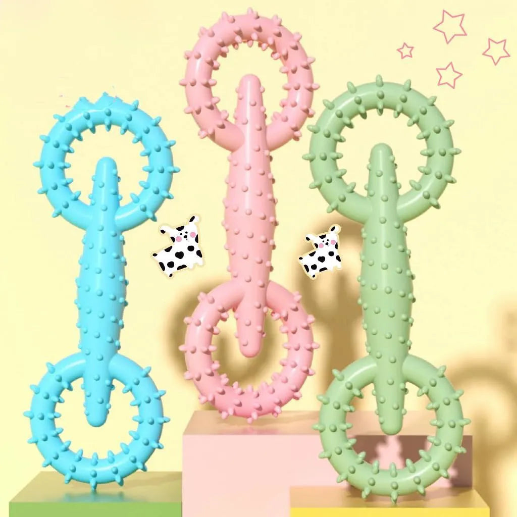 Blue TPR dog chew ring toy for puppy teething, 16cm diameter with green and pink colour options