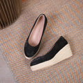 Women's wedge heel pumps with thick sole and shallow mouth design in black, white, and apricot colour options