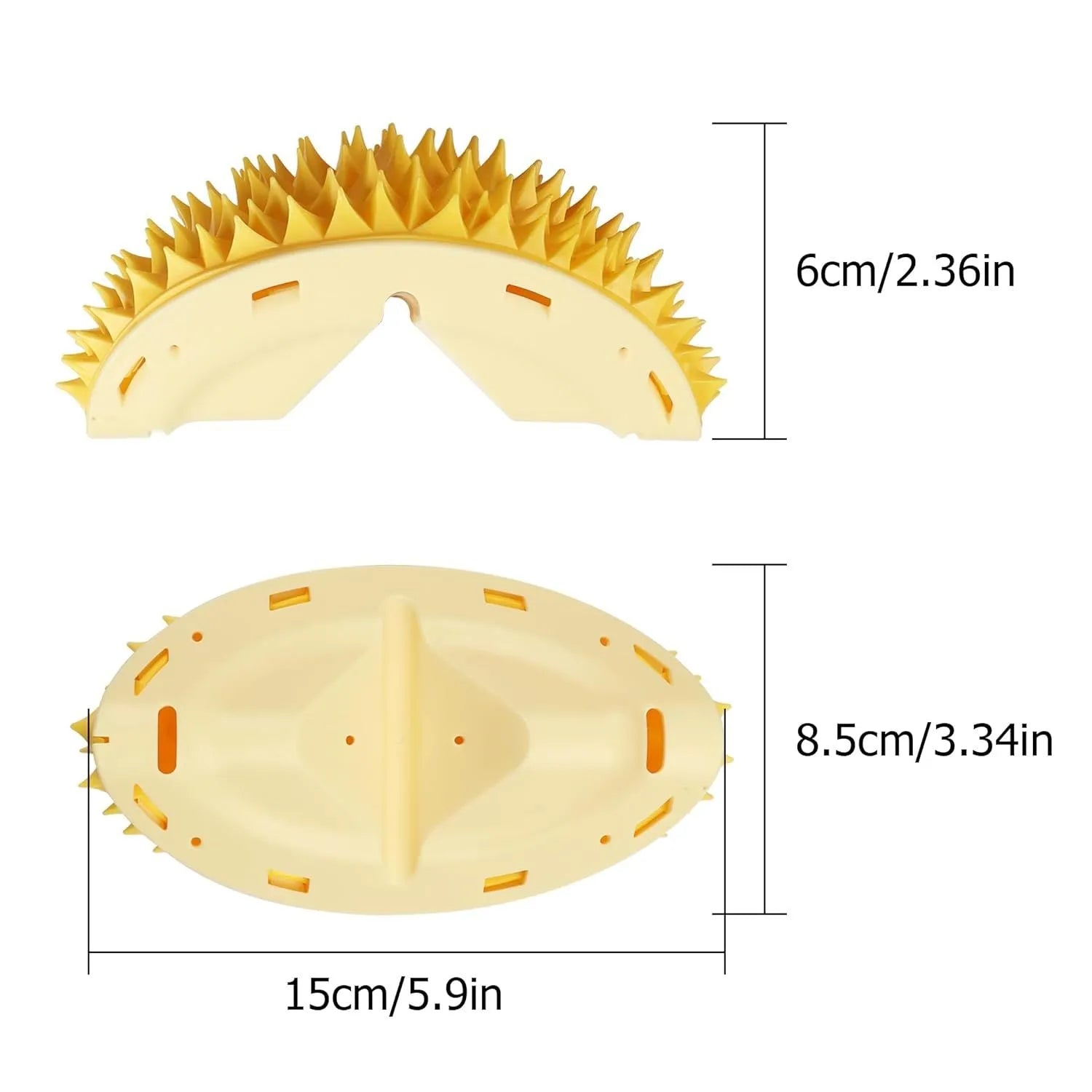 Yellow durian-shaped cat corner scratcher and grooming comb toy with peppermint powder.