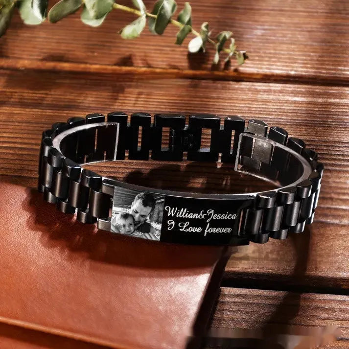 Titanium steel men's bracelet with curved heart shape and black lettering in UV picture gift box