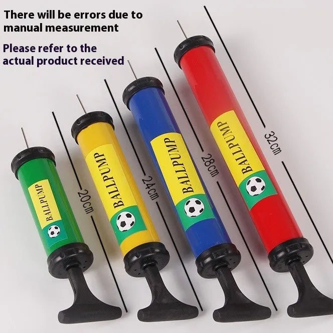 Mixed colour plastic manual hand pump for inflating basketballs, footballs, volleyballs, and balloons.