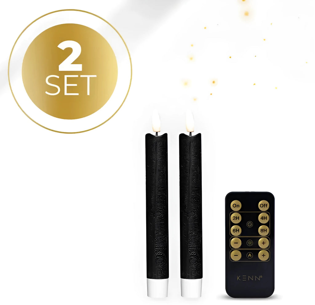 Set of four tall black LED taper candles with realistic orange 3D flickering flames