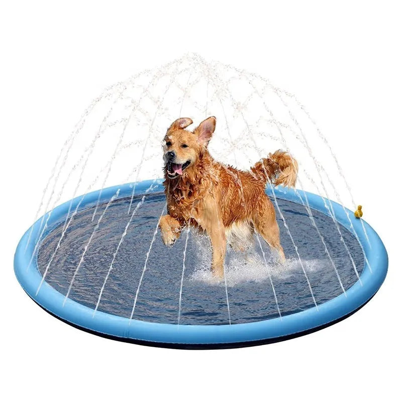 A large, round blue dog splash pad with a textured surface, filled with shallow water, sitting on a green lawn.