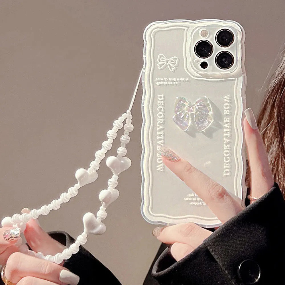 Transparent iPhone case with a raised 3D ice-through bow on a white background.