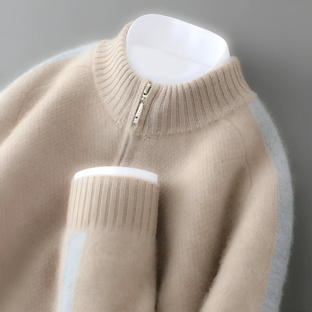 Men's slim fit sheep wool half-zip knitted sweater in Raw Velvet Camel, Pea Green, Gray, and Chinese Red colors