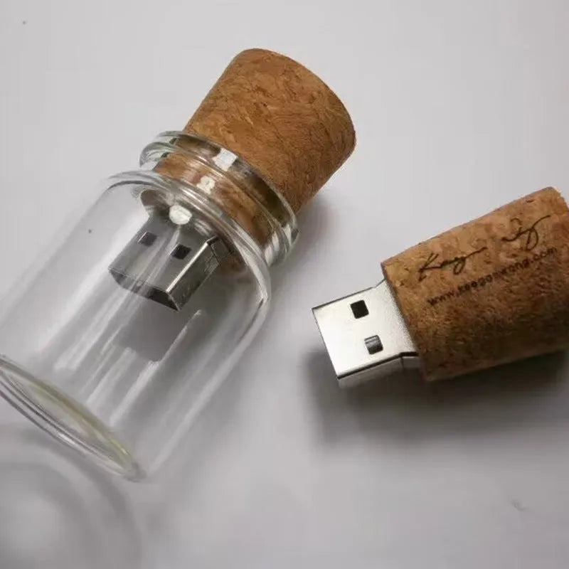 Transparent wooden drift bottle design USB flash drive showing internal components