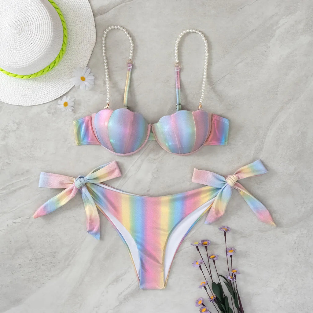 Women's shell rainbow pattern bikini swimsuit with split tied design