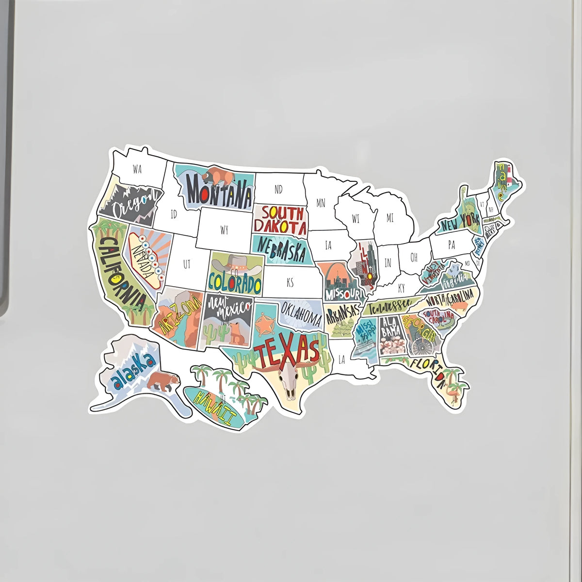Travel sticker set with coloured letter stickers and white background sheet for car window map creation