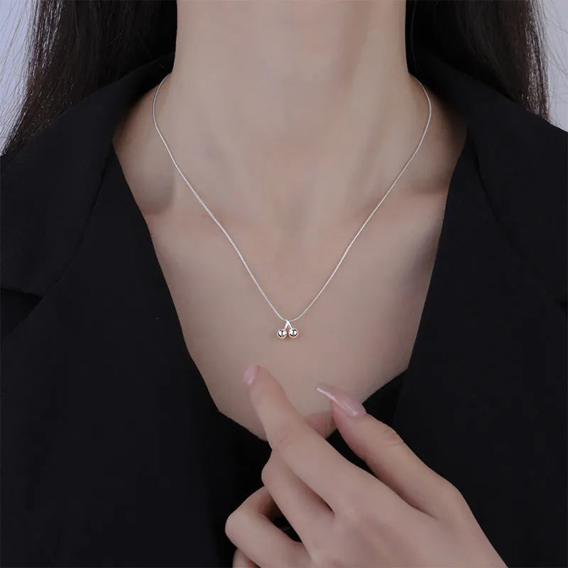 Silver cherry necklace with adjustable snake bone chain and Korean style fruit pendant