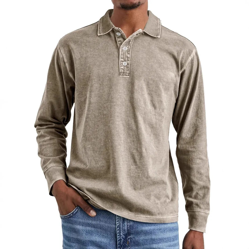 Retro washed pure cotton polo shirt with long sleeves and a lapel collar, shown in Army Green.