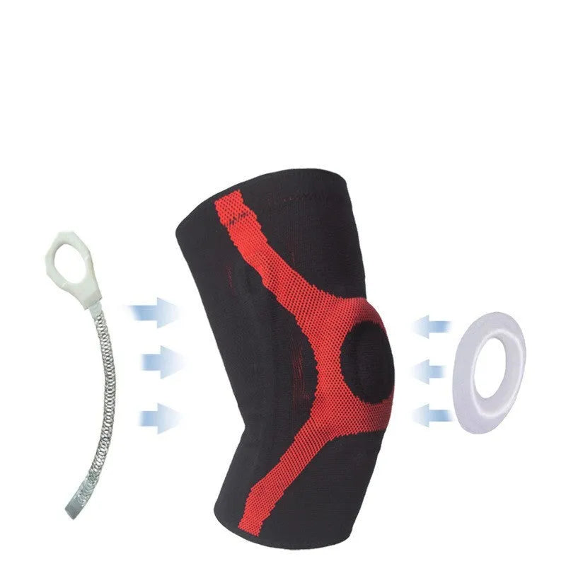 Red and grey sports knee pads with silicone kneecap inserts, shown in S, M, L, XL sizes.