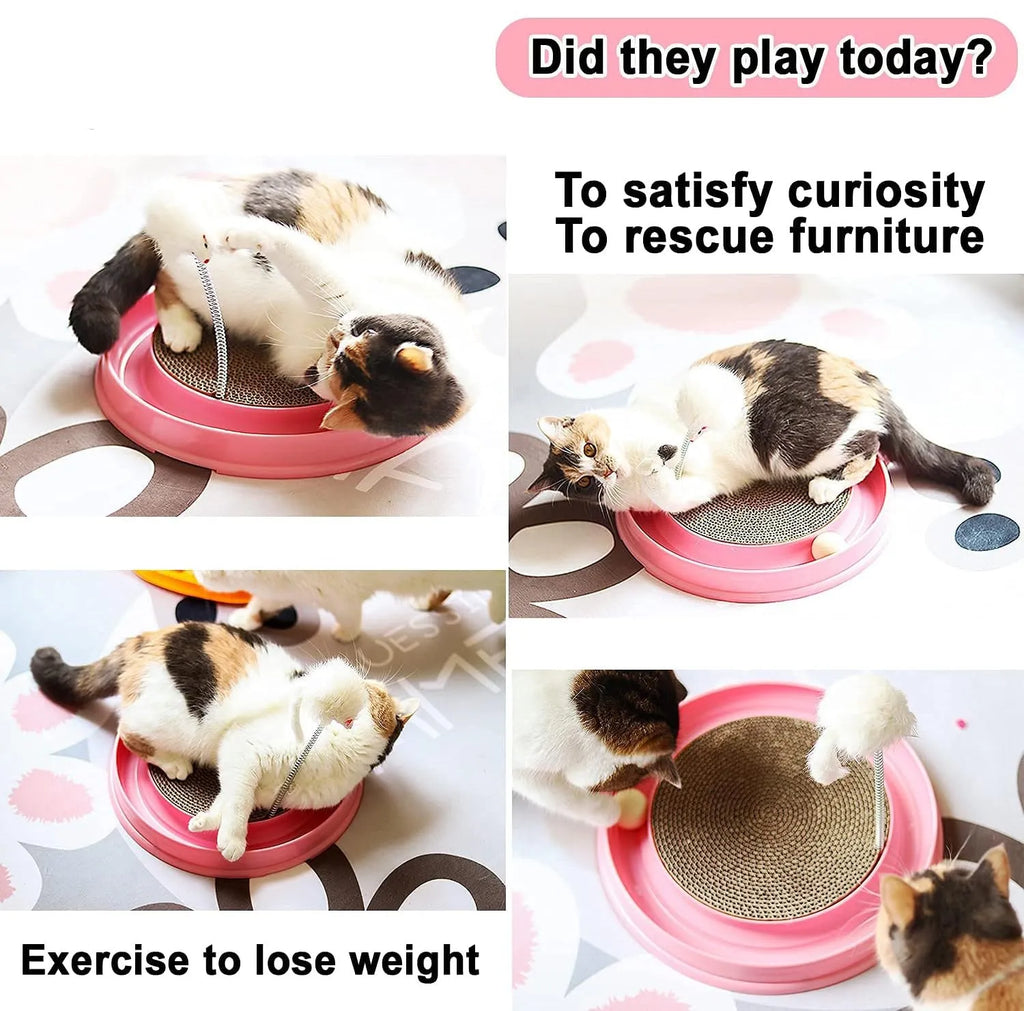 Round corrugated cardboard cat scratcher toy with blue or pink track, rolling ball, and mouse swatter attachment on white background