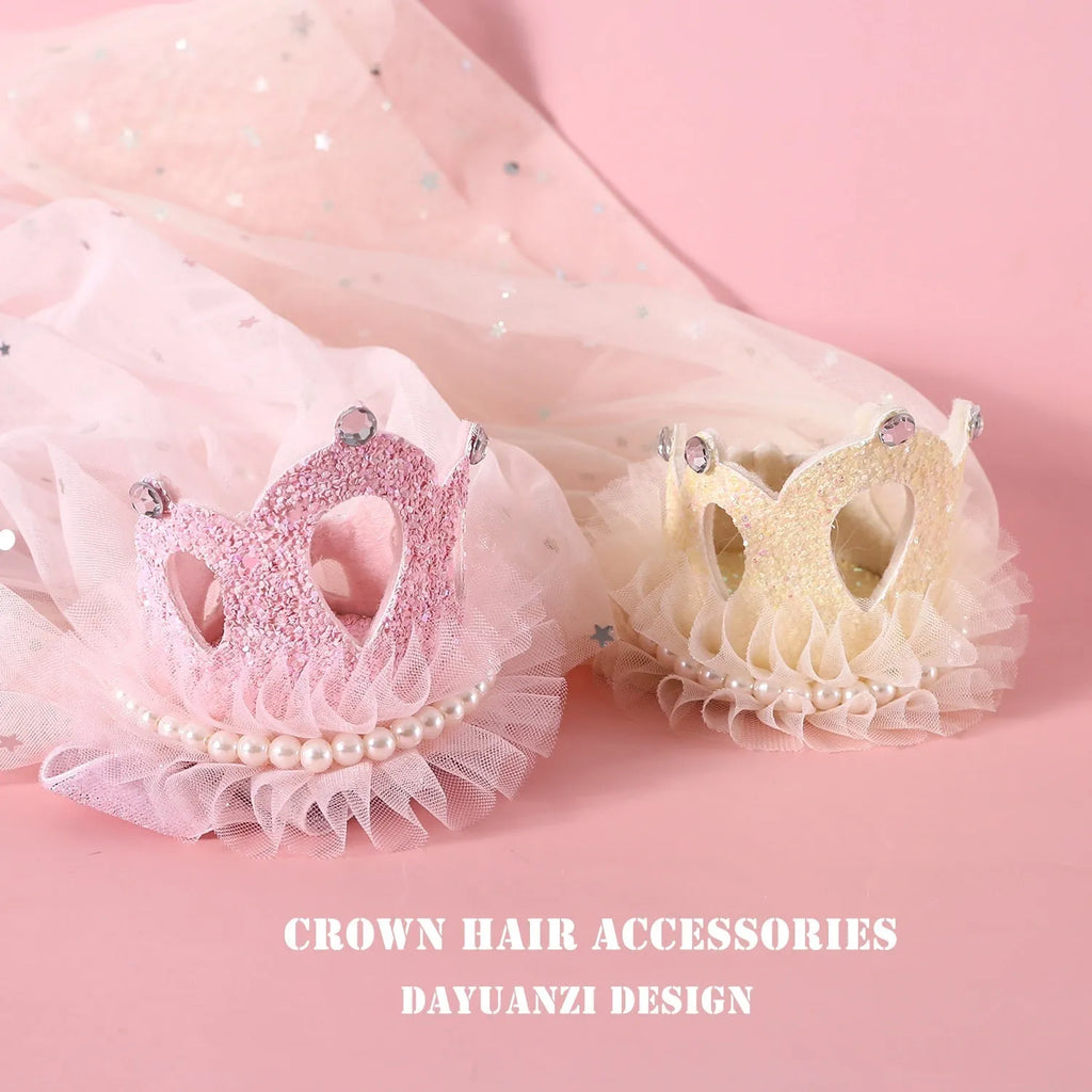 Beige and pink Princess crown veil headdress for a cat on a mannequin head.