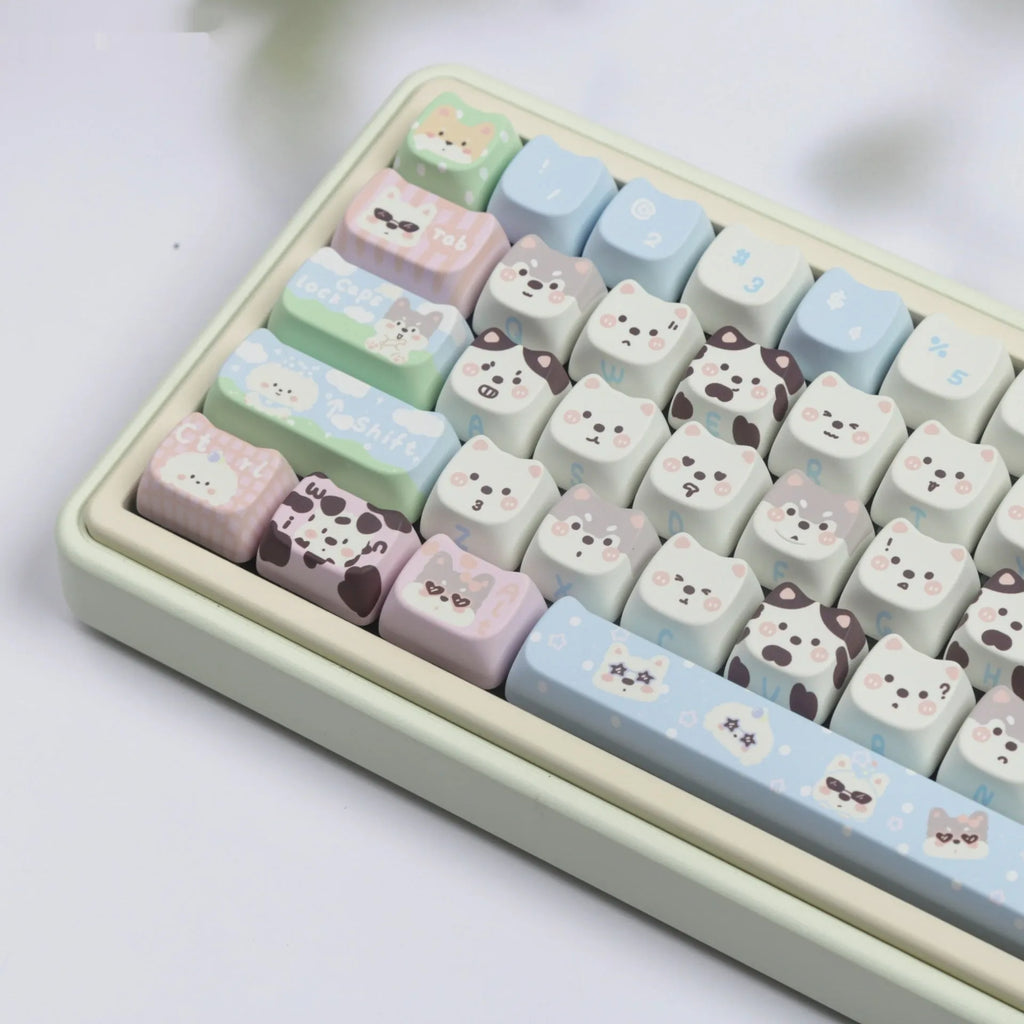 Full set of mechanical keyboard keycaps with colourful cat and puppy sublimation printing on PBT plastic