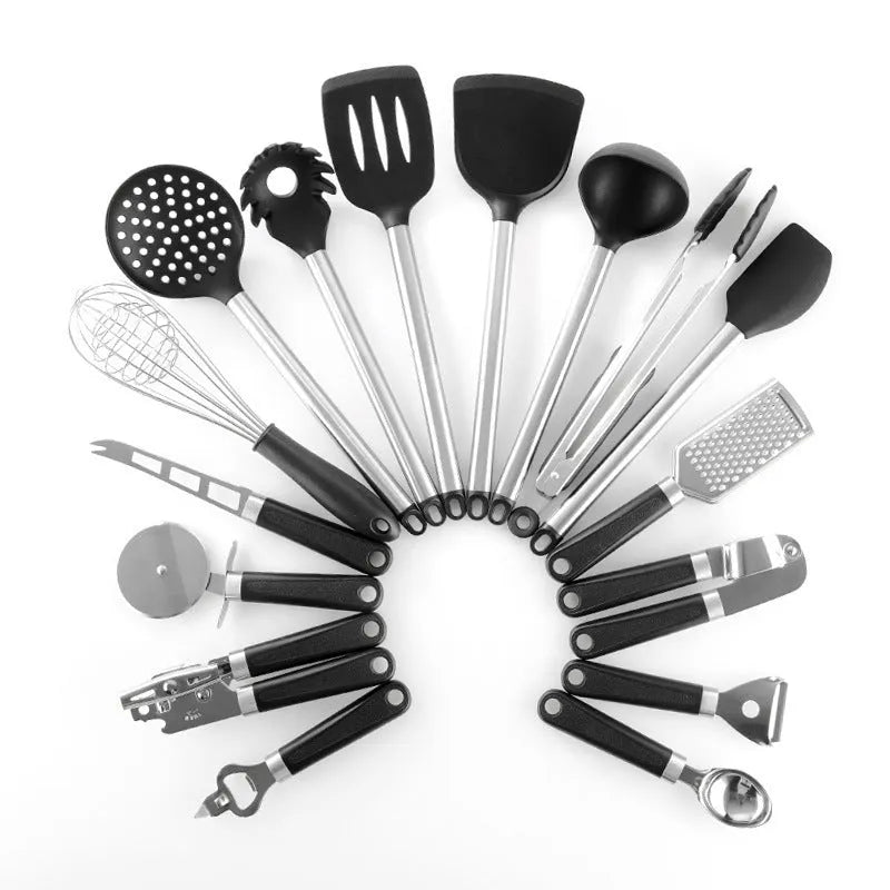 Black kitchen spatula spoon set with stainless steel handles and silicone heads, 16 pieces