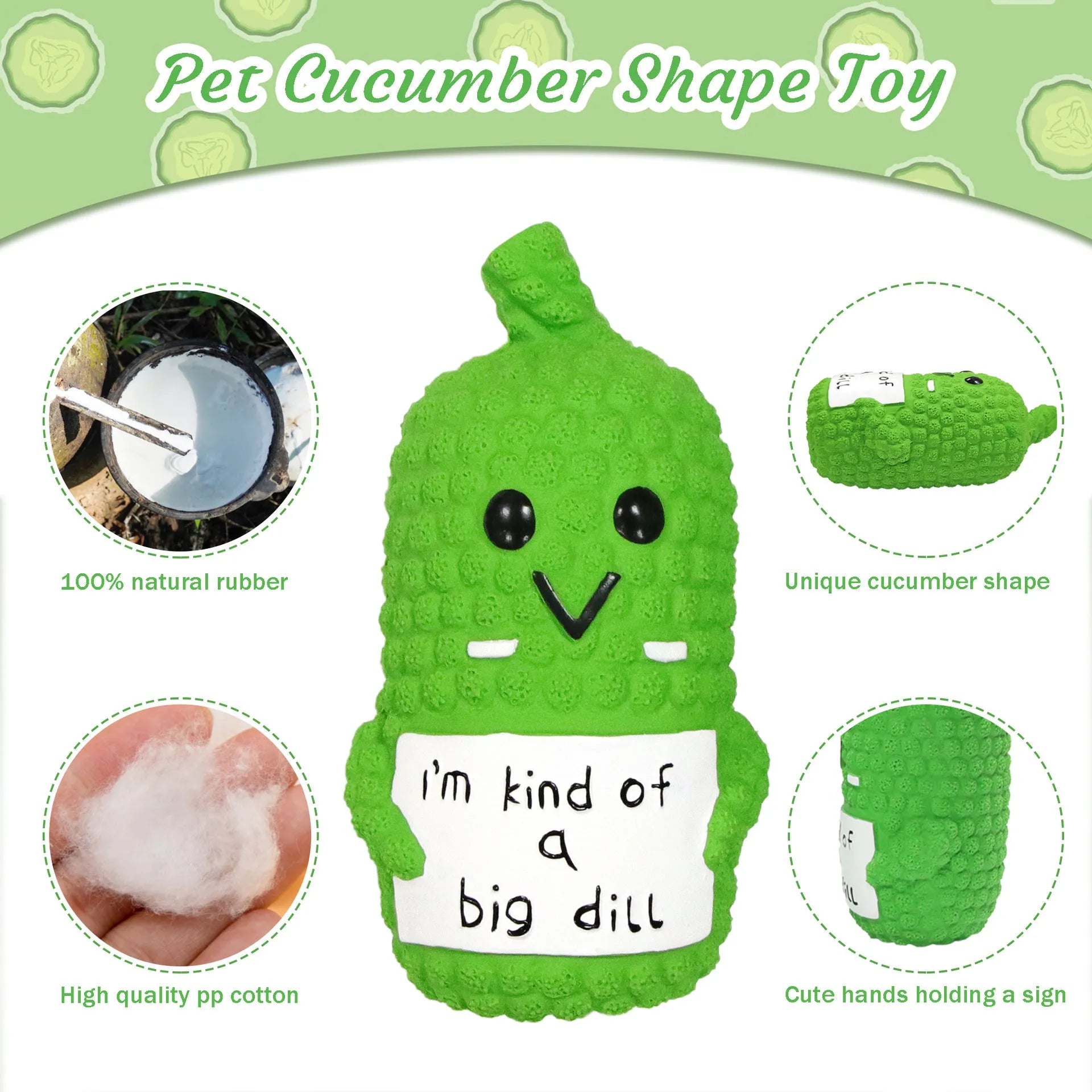 Green latex pickle-shaped dog squeaky toy with textured nubs for teeth cleaning.