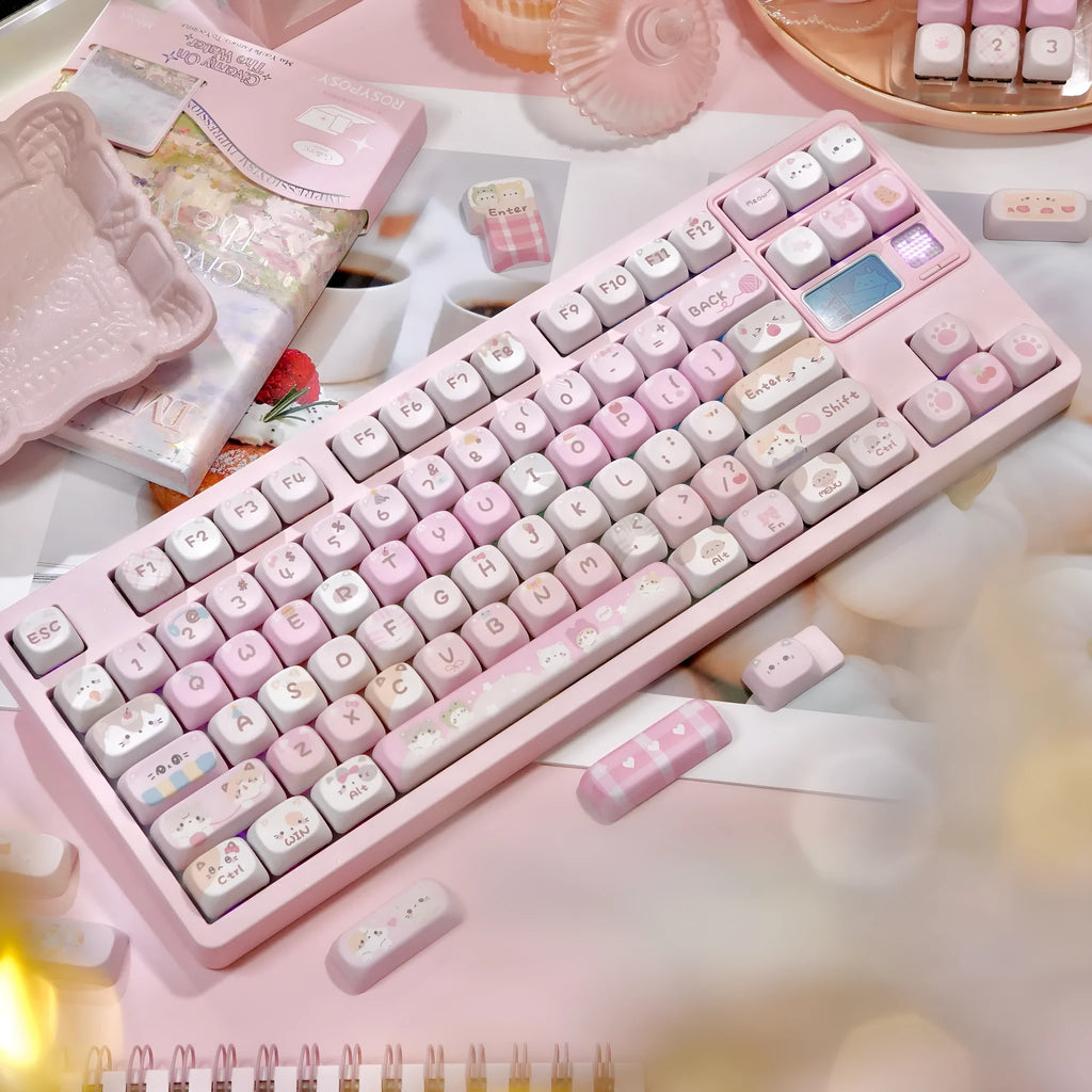Set of pink cartoon-design MOA-height keycaps for mechanical keyboards, showing five-sided sublimation print.