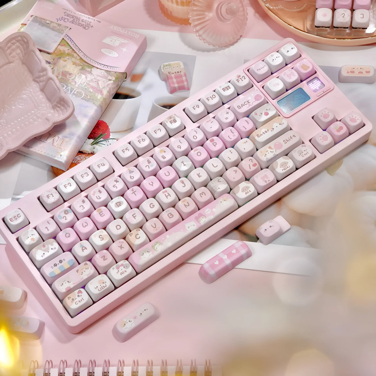 Set of pink cartoon-design MOA-height keycaps for mechanical keyboards, showing five-sided sublimation print.