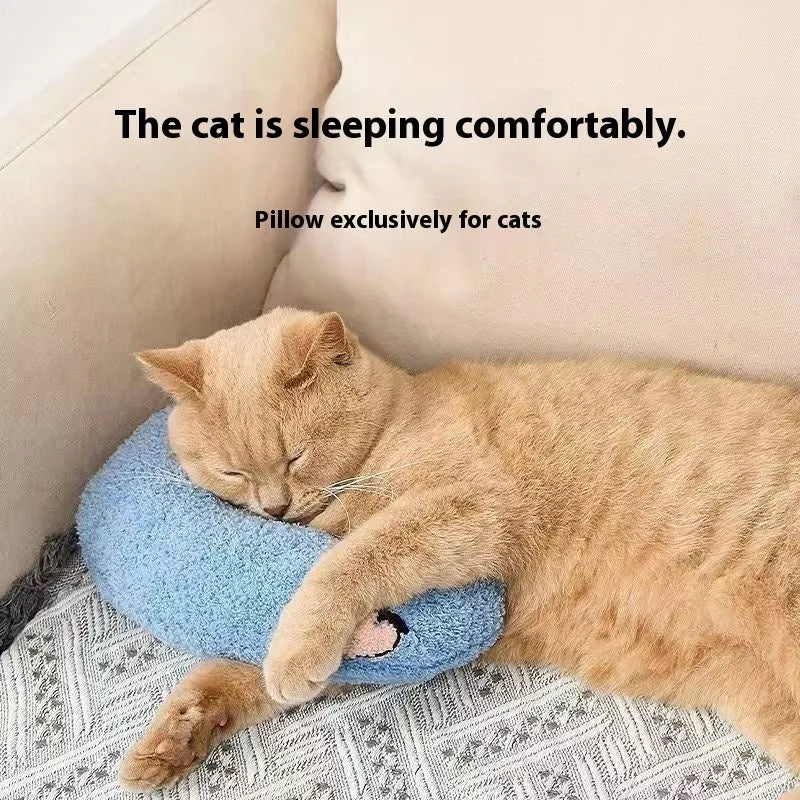 Blue U-shaped cat neck protection pillow on pet bed