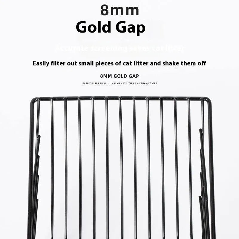 Black metal cat litter scoop with 0.8cm spacing between alloy tines