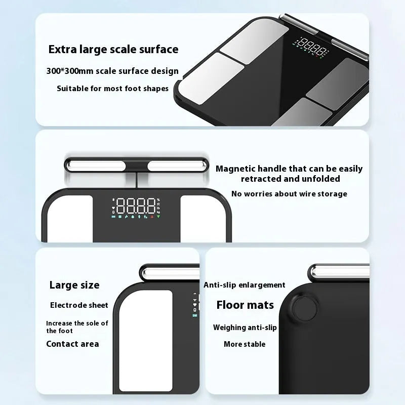 Black electronic body fat scale with tempered glass platform showing colour screen display