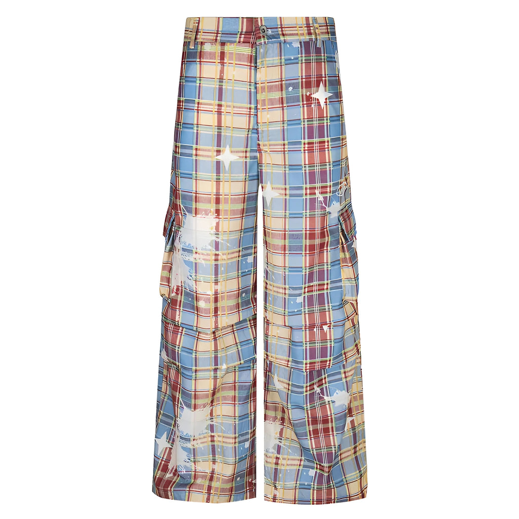 Men's blue and yellow plaid straight leg trousers with retro styling