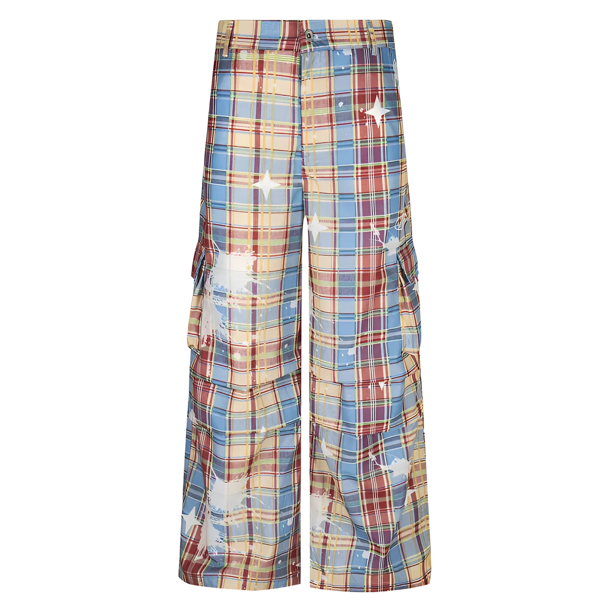 Men's blue and yellow plaid straight leg trousers with retro styling