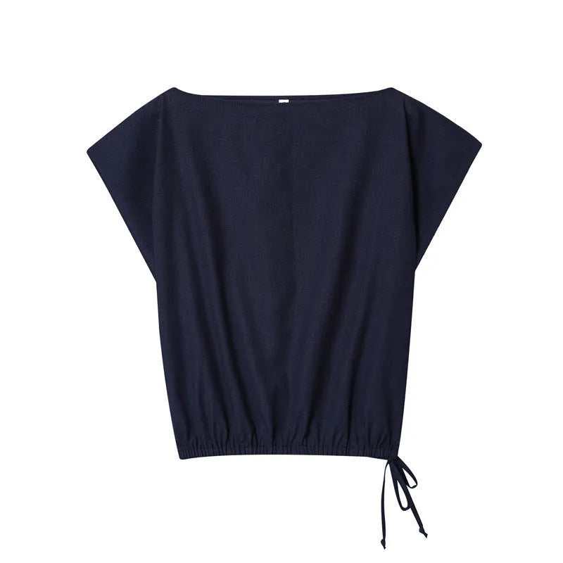 Women off-neck flounced sleeve linen blend shirt top and wide leg trousers two piece set in temperament commute style