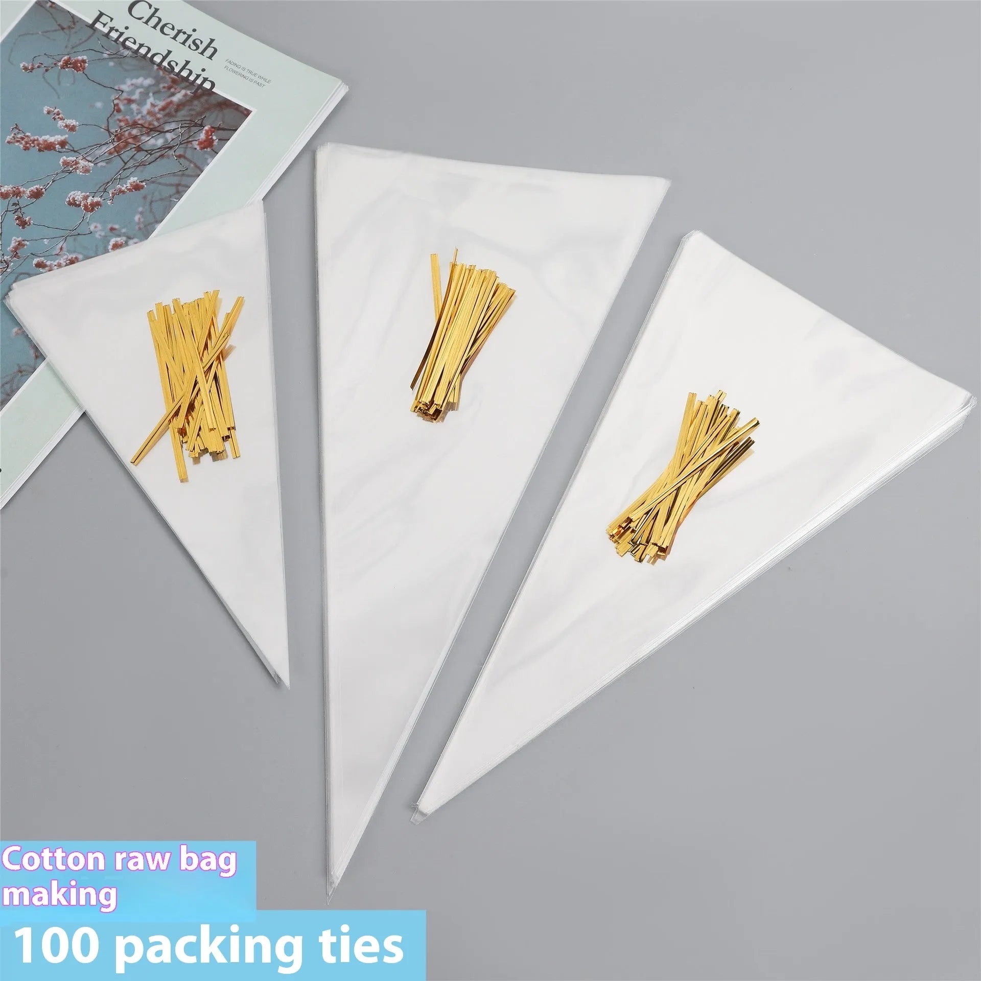 Transparent triangle-shaped plastic packaging bag with a twisted wire tie closure.