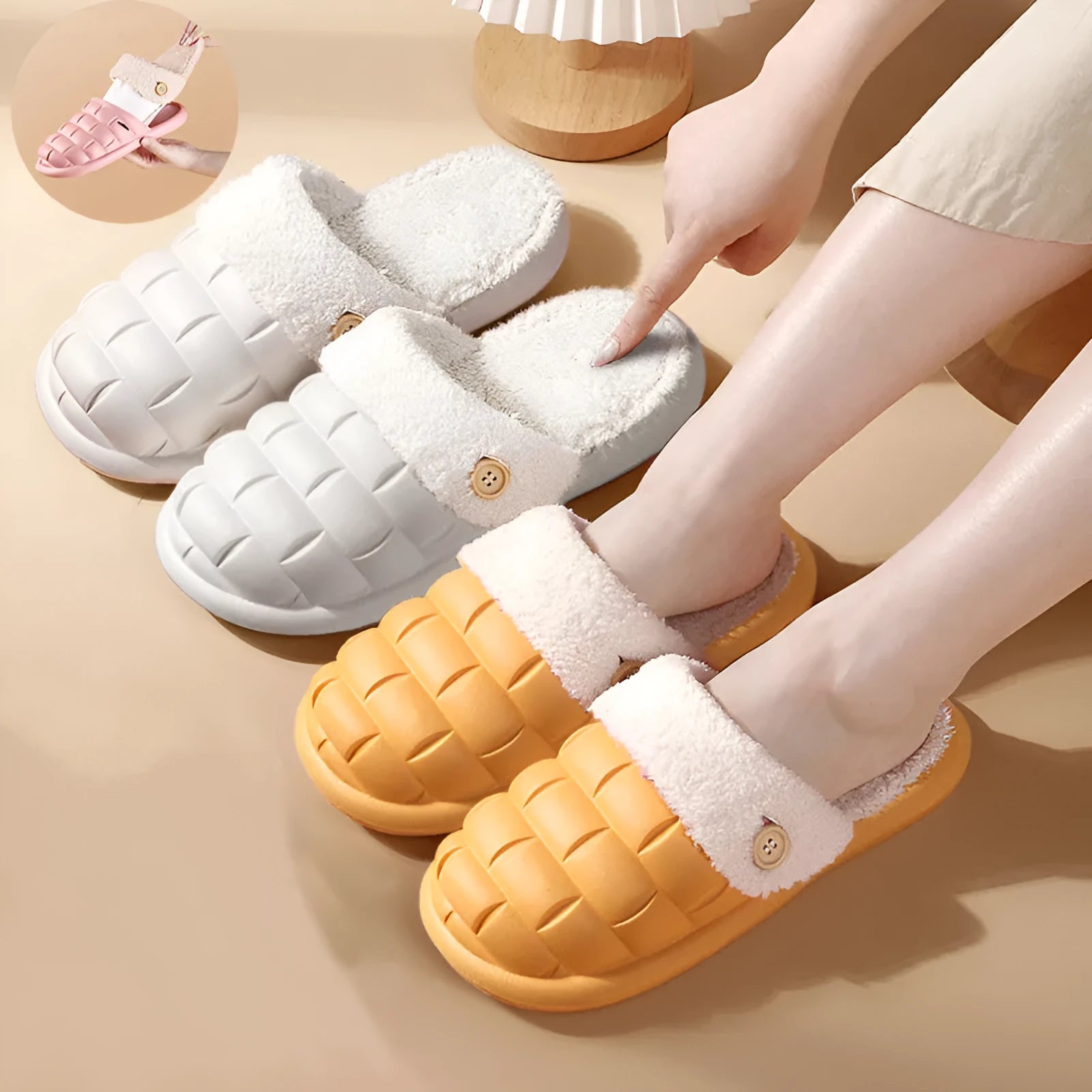 Plaid pattern detachable EVA slippers with non-slip soles and warm plush lining for indoor winter wear