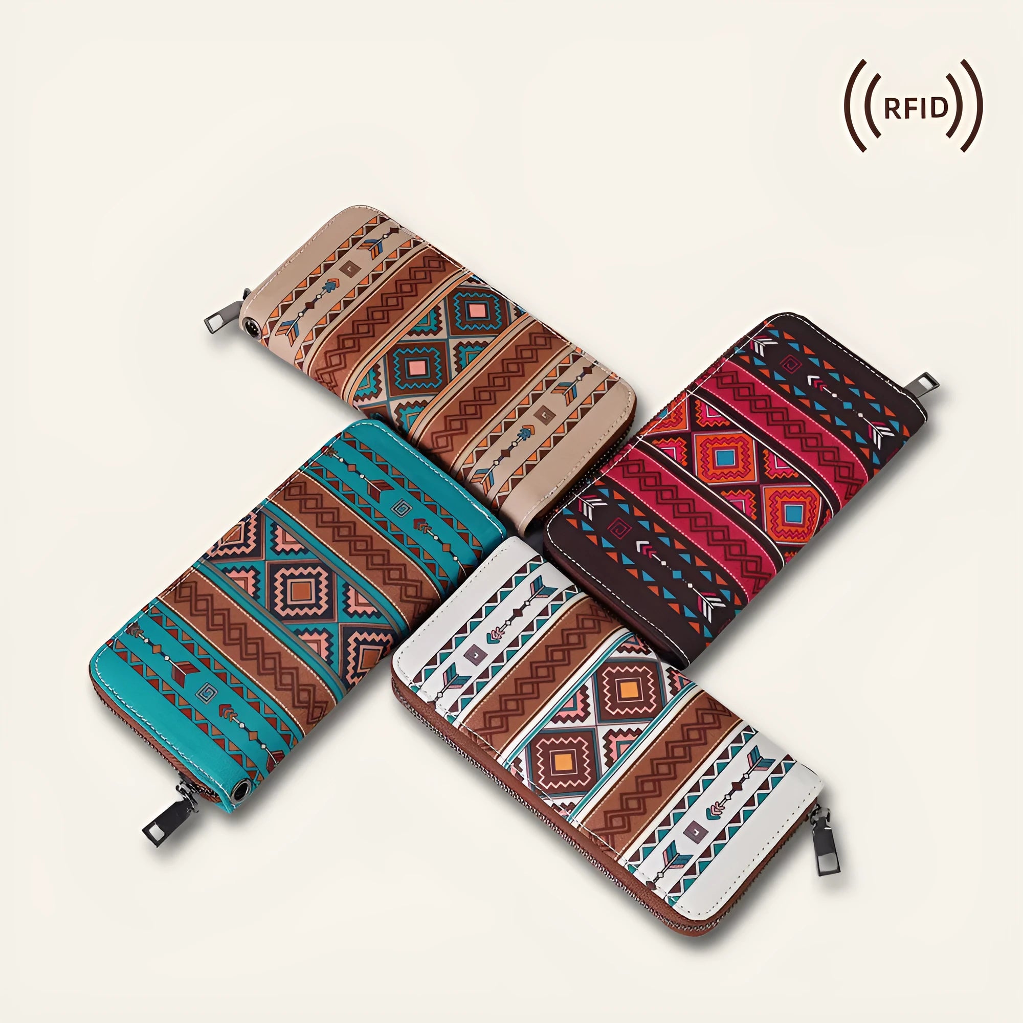 Bohemian striped pattern canvas RFID wallet showing interior and exterior dimensions of 20x10x2cm