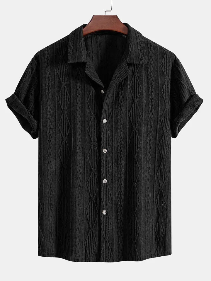 Men's loose fit polyester cardigan in black, green, or white with short sleeves