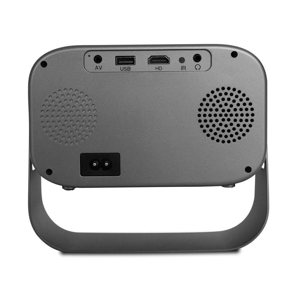 Black portable HD projector with Android interface and remote control on desk
