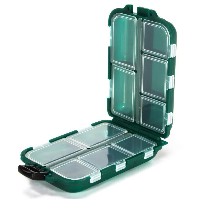 10 compartment fishing gear storage box in black measuring 9.5 x 6.5 x 3 cm