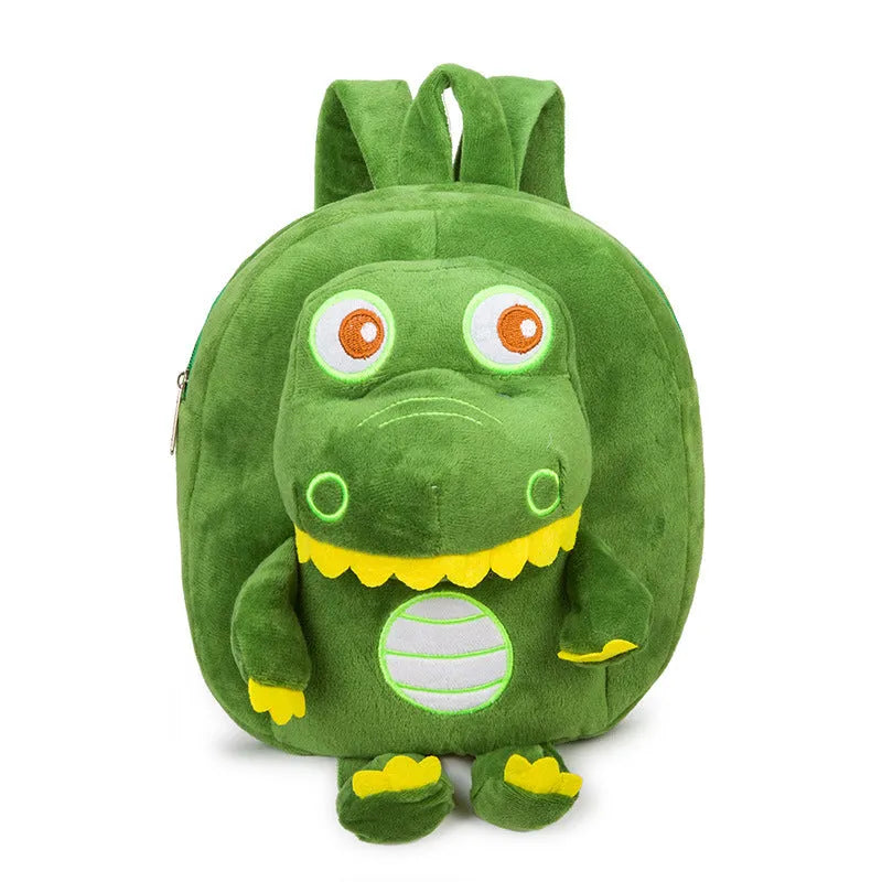 Blue dinosaur plush backpack for children with embroidery, soft handle, and polyester lining.