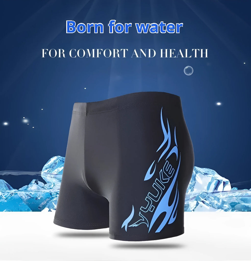 Men's patterned swimming trunks in plus sizes with fire design on black background
