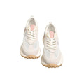 Grey and pink women's low-top retro sneaker with round toe and rubber sole on a white background.