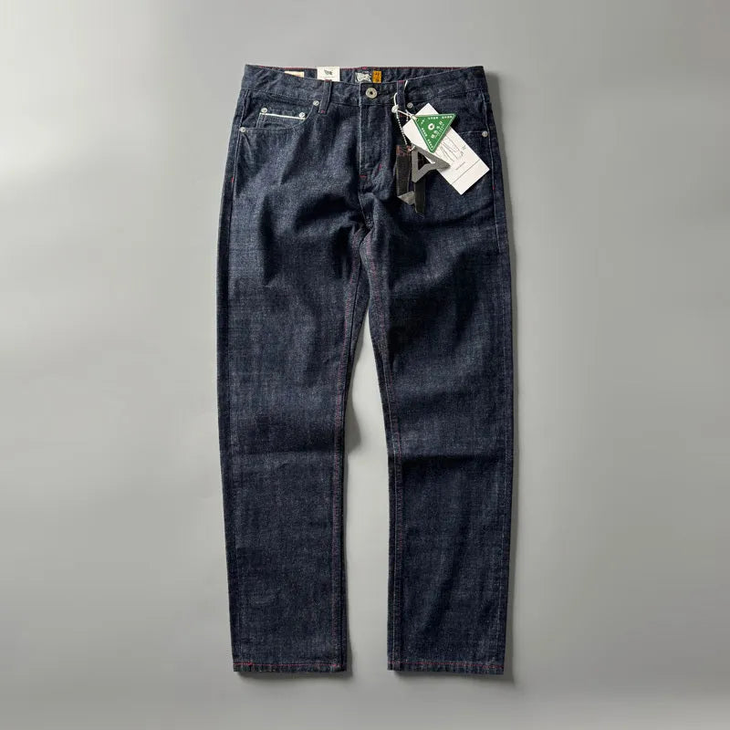 Men's straight leg denim jeans in primary colour with American retro style and mid waist fit